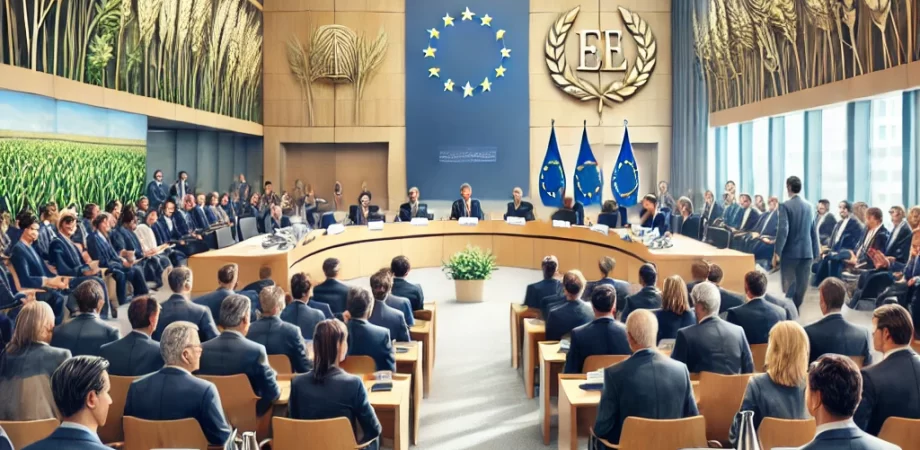 DALL·E 2024-10-30 15.23.32 - An image illustrating a formal political setting for a confirmation hearing. A modern, well-lit European-style conference room filled with officials a