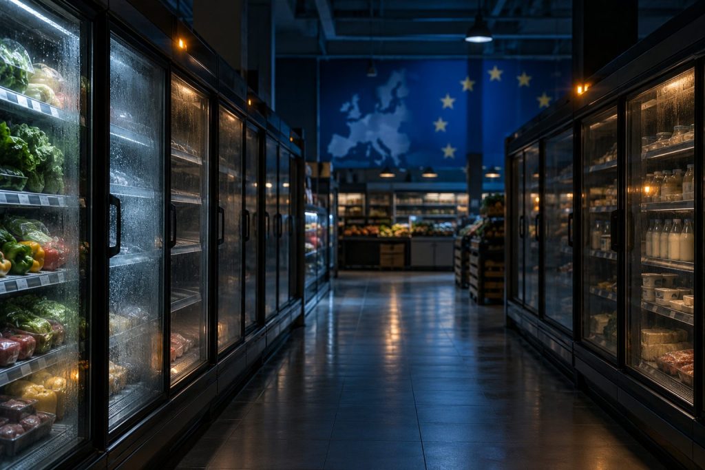 Pasillo de supermercado con neveras de alimentos frescos y la bandera de la Unión Europea al fondo